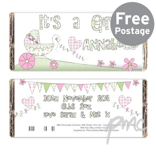 Personalised Whimsical Pram Its a Girl Milk Chocolate Bar