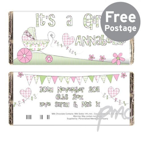 Personalised Whimsical Pram Its a Girl Milk Chocolate Bar