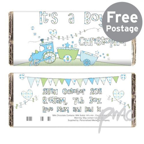 Personalised Whimsical Train Its a Boy Milk Chocolate Bar