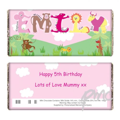 Personalised Girls Animal Alphabet Milk Chocolate Bar