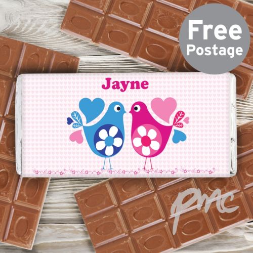 Personalised Love Heart Birds Milk Chocolate Bar