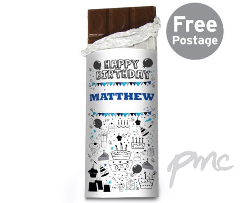 Personalised Birthday Blue Icons Milk Chocolate Bar