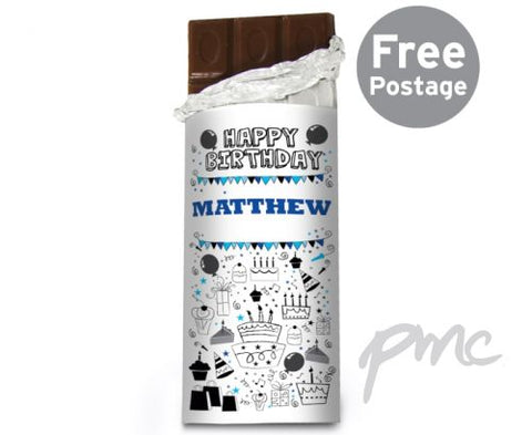 Personalised Birthday Blue Icons Milk Chocolate Bar