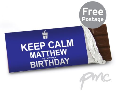 Personalised Keep Calm Birthday Milk Chocolate Bar Blue