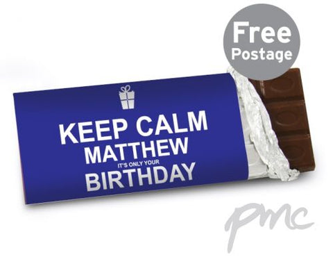 Personalised Keep Calm Birthday Milk Chocolate Bar Blue