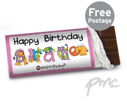 Personalised Bang On The Door Animal Alphabet Girls Milk Chocolate Bar