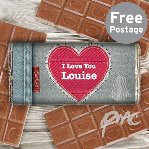 Personalised Denim Heart Milk Chocolate Bar