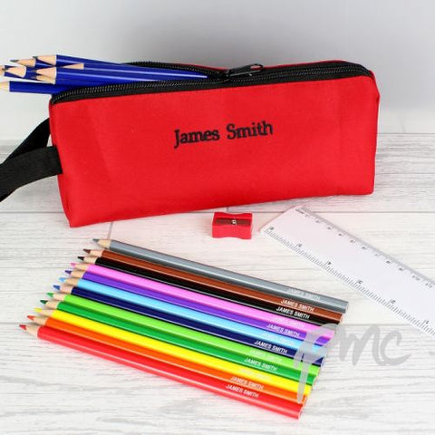 Red Pencil Case with Personalised Pencils & Crayons