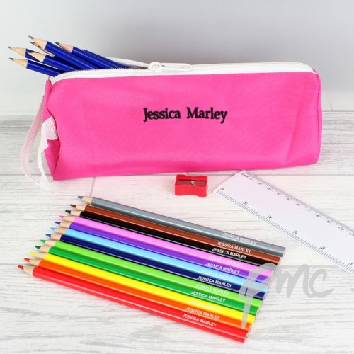 Pink Pencil Case with Personalised Pencils & Crayons