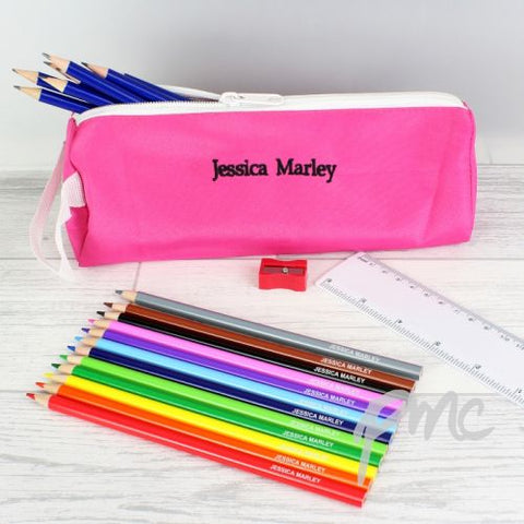 Pink Pencil Case with Personalised Pencils & Crayons