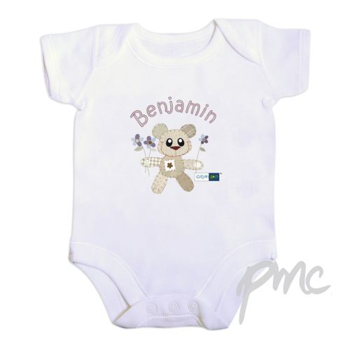 Personalised Cotton Zoo Boys Tweed the Bear 0-3 Months Baby Vest