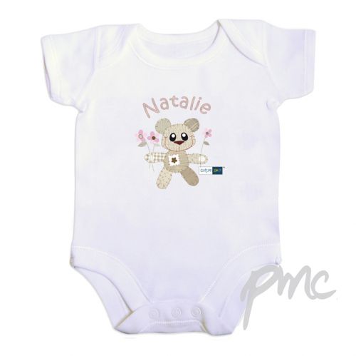 Personalised Cotton Zoo Girls Tweed the Bear 0-3 Months Baby Vest