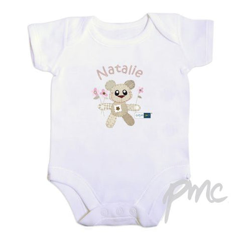 Personalised Cotton Zoo Girls Tweed the Bear 0-3 Months Baby Vest