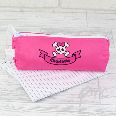 Personalised Pink Girls Skull & Cross Bone Pencil Case