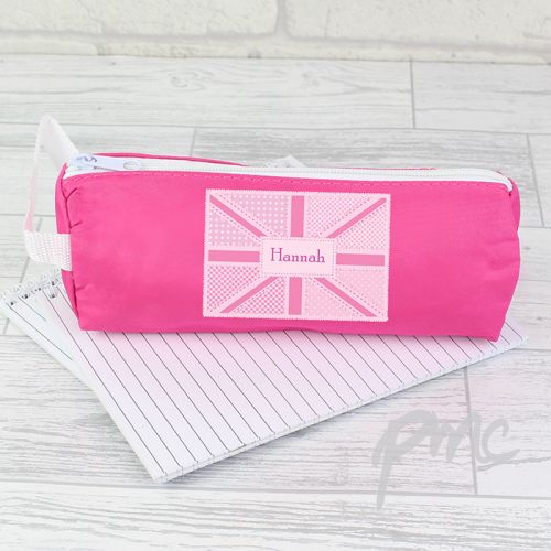 Personalised Pink Patchwork Union Jack Pencil Case