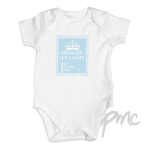 Personalised Blue 1st Class 9-12 Months Baby Vest