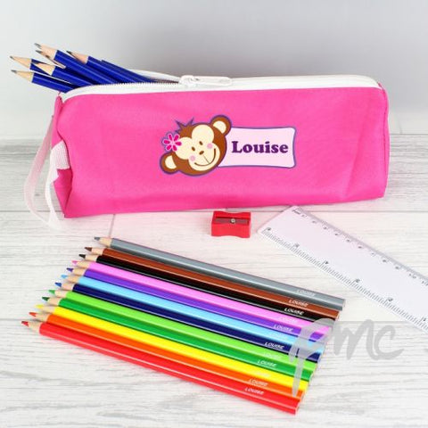 Pink Monkey Pencil Case with Personalised Pencils & Crayons