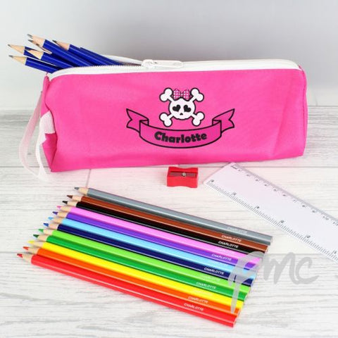 Pink Skull Pencil Case with Personalised Pencils & Crayons