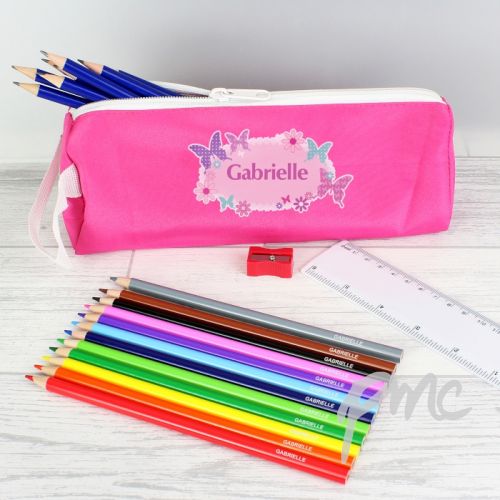 Pink Butterfly Pencil Case with Personalised Pencils & Crayons