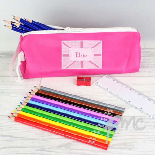 Pink Patchwork Union Jack Pencil Case with Personalised Pencils & Crayons