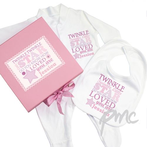 Personalised Twinkle Girls Pink Gift Set - Babygrow & Bib
