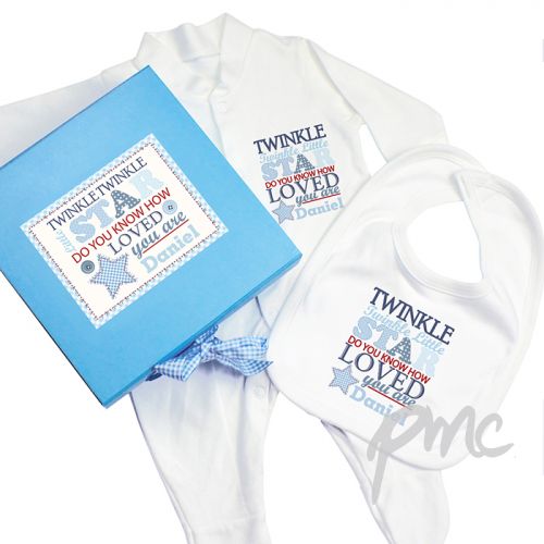 Personalised Twinkle Boys Blue Gift Set - Babygrow & Bib