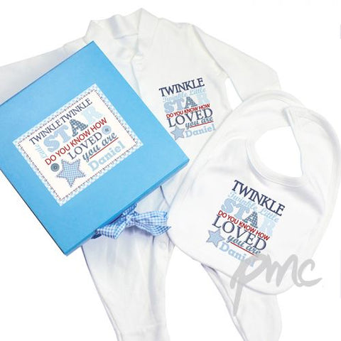 Personalised Twinkle Boys Blue Gift Set - Babygrow & Bib