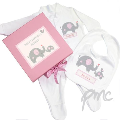 Personalised Pink Baby Elephant Gift Set - Babygrow & Bib