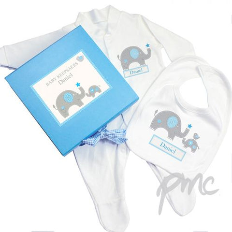 Personalised Blue Baby Elephant Gift Set - Babygrow & Bib