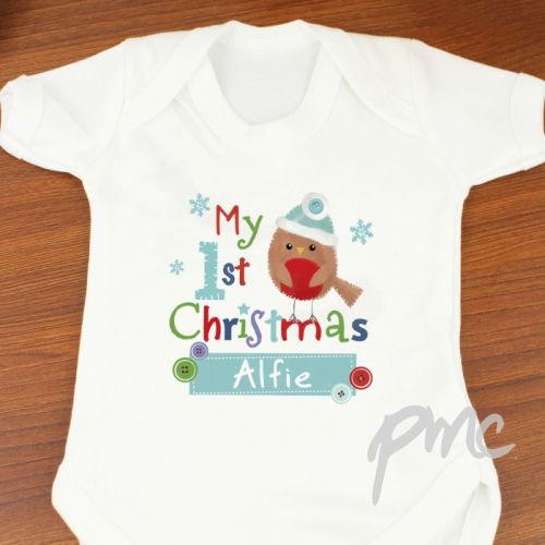 Personalised Felt Stitch Robin 'My 1st Baby Christmas' Baby Vest