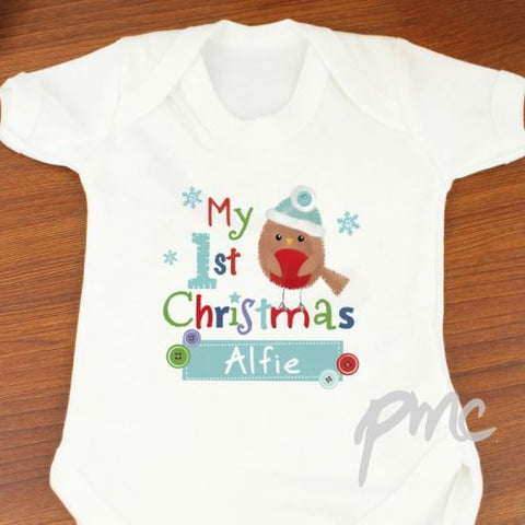 Personalised Felt Stitch Robin 'My 1st Baby Christmas' Baby Vest