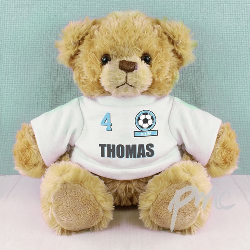 Personalised Sky Blue Football Fan T-Shirt Message Bear