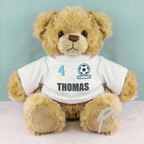 Personalised Sky Blue Football Fan T-Shirt Message Bear