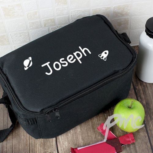 Personalised White Rocket Black Lunch Bag