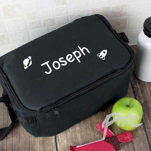 Personalised White Rocket Black Lunch Bag