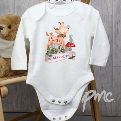 Personalised Festive Fawn 0-3 Months Long Sleeved Baby Vest