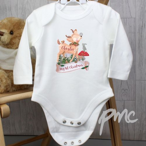 Personalised Festive Fawn 6-9 Months Long Sleeved Baby Vest