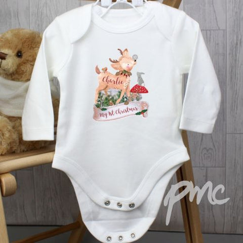 Personalised Festive Fawn 9-12 Months Long Sleeved Baby Vest