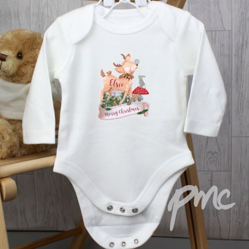 Personalised Festive Fawn 12-18 Months Long Sleeved Baby Vest