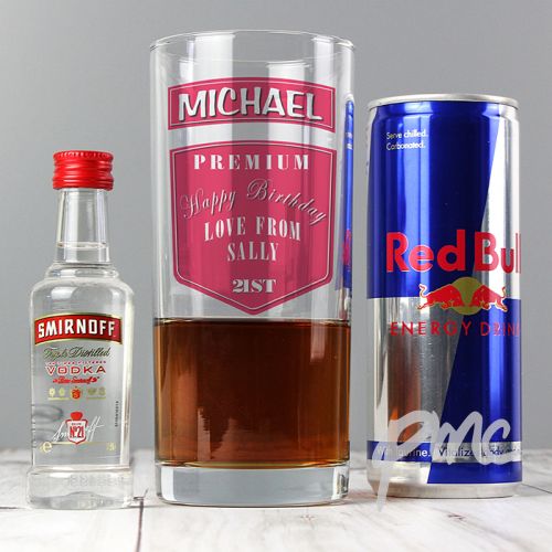 Personalised Vodka Glass & Red Bull set