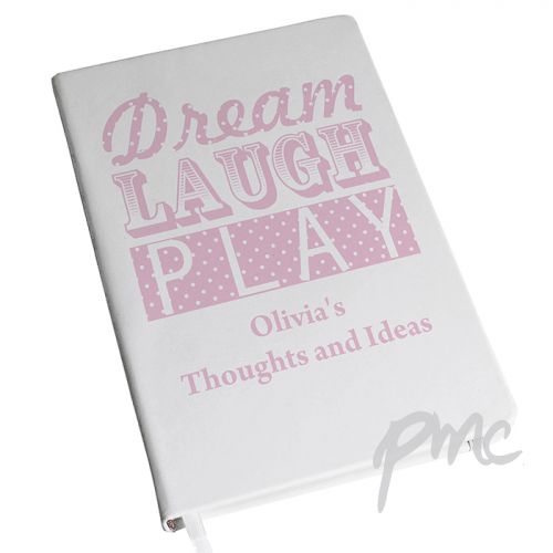 Personalised Dream Laugh Play Pink Hardback A5 Notebook
