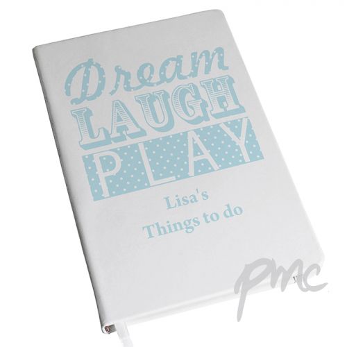 Personalised Dream Laugh Play Blue Hardback A5 Notebook