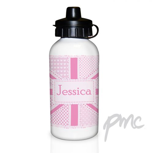 Personalised Pink Patchwork Union Jack Drinks Bottle
