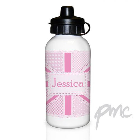 Personalised Pink Patchwork Union Jack Drinks Bottle