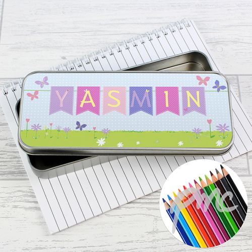 Personalised Garden Bunting Pencil Tin with Pencil Crayons