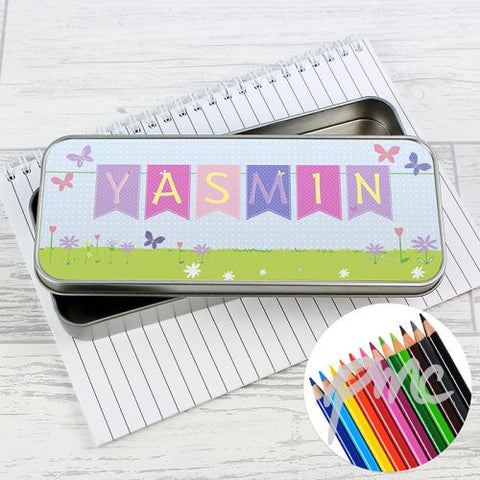 Personalised Garden Bunting Pencil Tin with Pencil Crayons