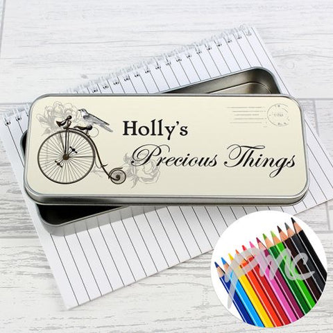 Personalised Vintage Penny-Farthing Pencil Tin with Pencil Crayons