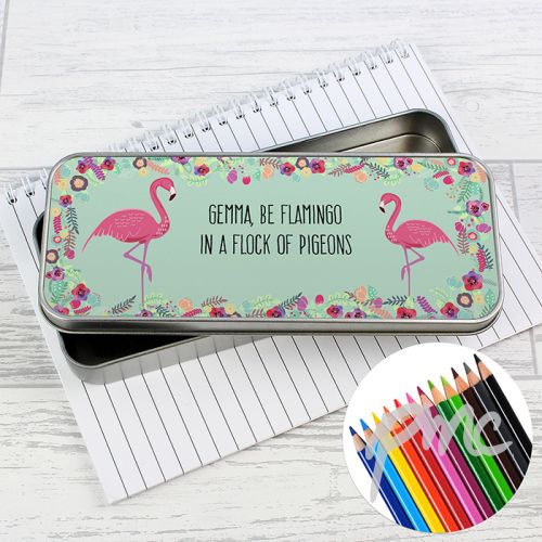Personalised Flamingo Pencil Tin with Pencil Crayons