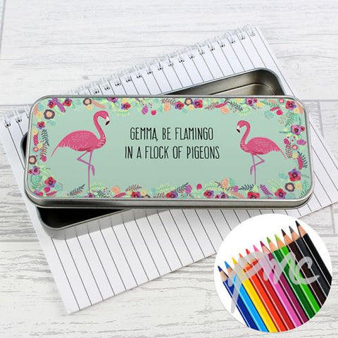 Personalised Flamingo Pencil Tin with Pencil Crayons
