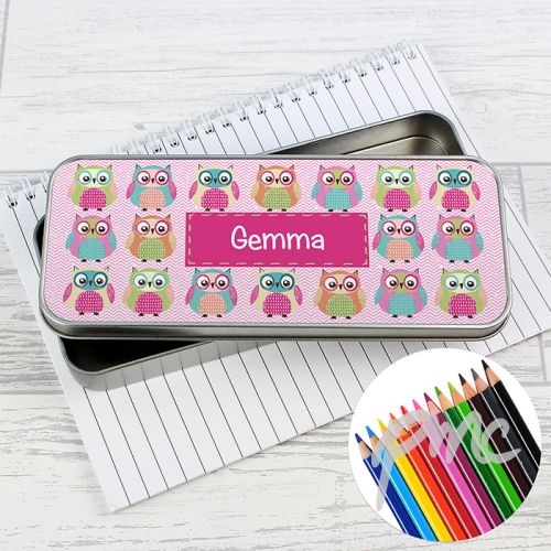Personalised Summer Owl Pencil Tin with Pencil Crayons